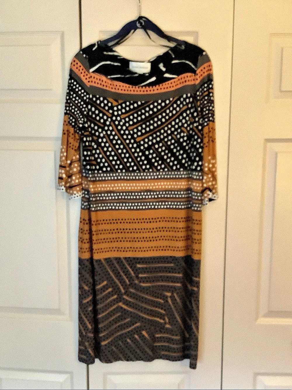 Donna Morgan Geometric Midi Dress in Black & Brown Size 14